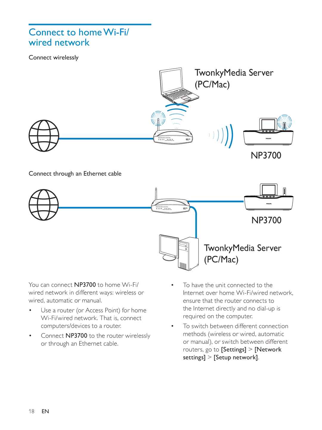 Philips NP3700/12 user manual Connect to home Wi-Fi/ wired network, Connect wirelessly, Connect through an Ethernet cable 