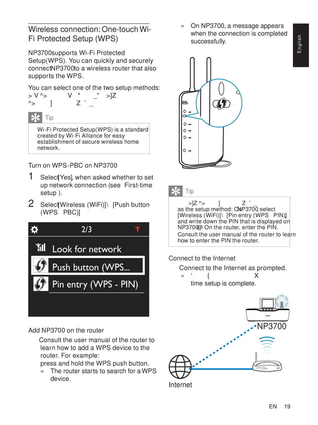 Philips NP3700/12 user manual Wireless connection One-touch Wi- Fi Protected Setup WPS, Successfully 