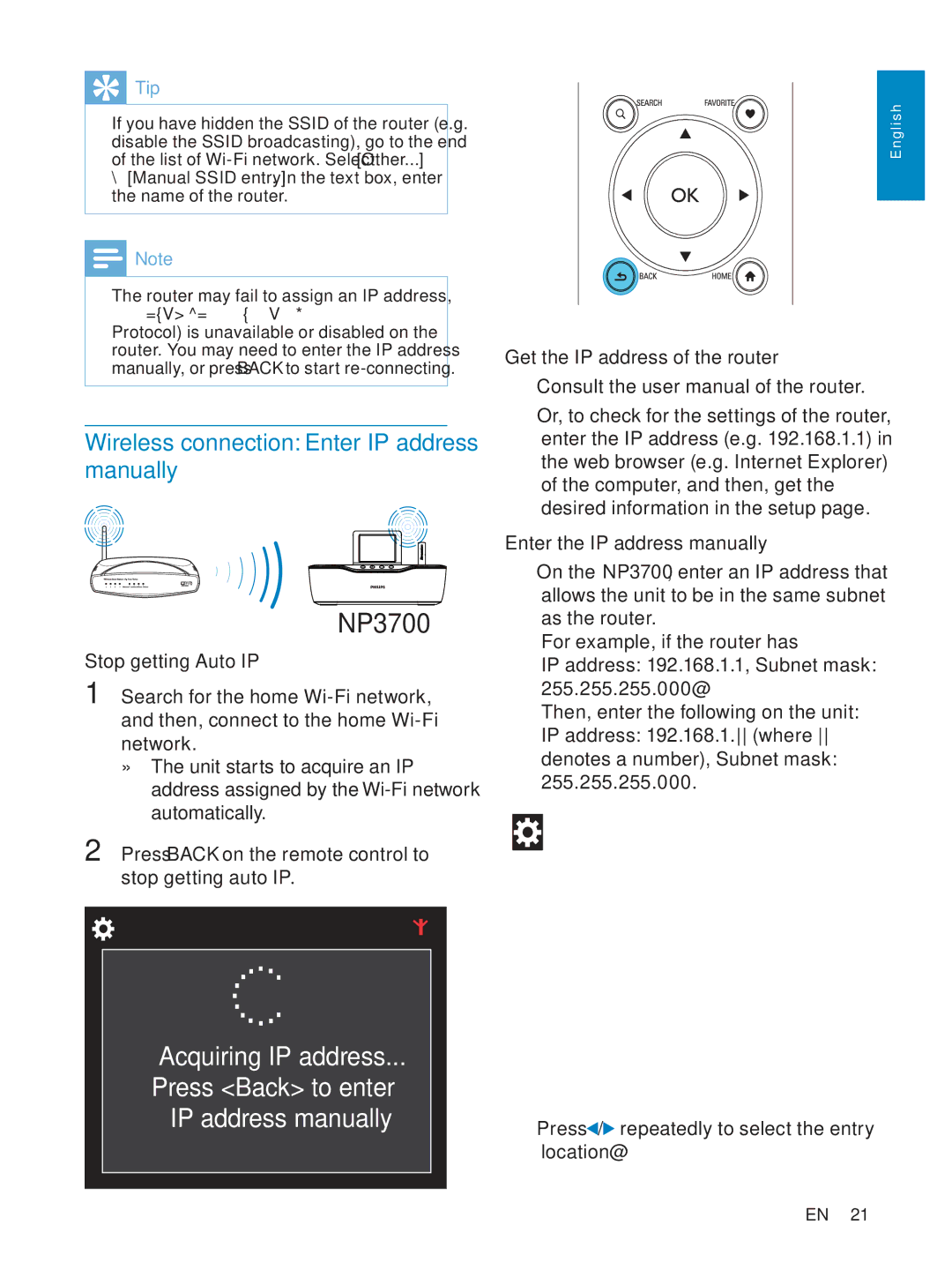 Philips NP3700/12 Wireless connection Enter IP address manually, Get the IP address of the router, 255.255.255.000 