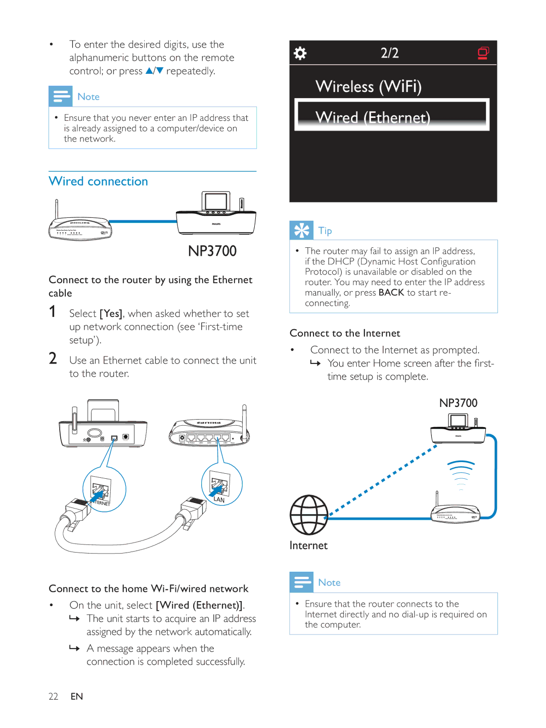 Philips NP3700/12 user manual Wireless WiFi Wired Ethernet, Wired connection 