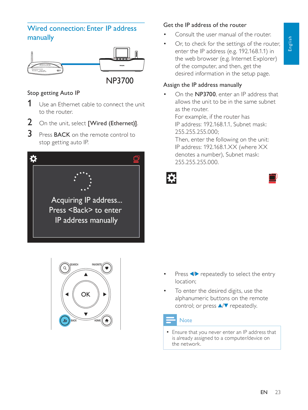 Philips NP3700/12 user manual Wired connection Enter IP address manually 