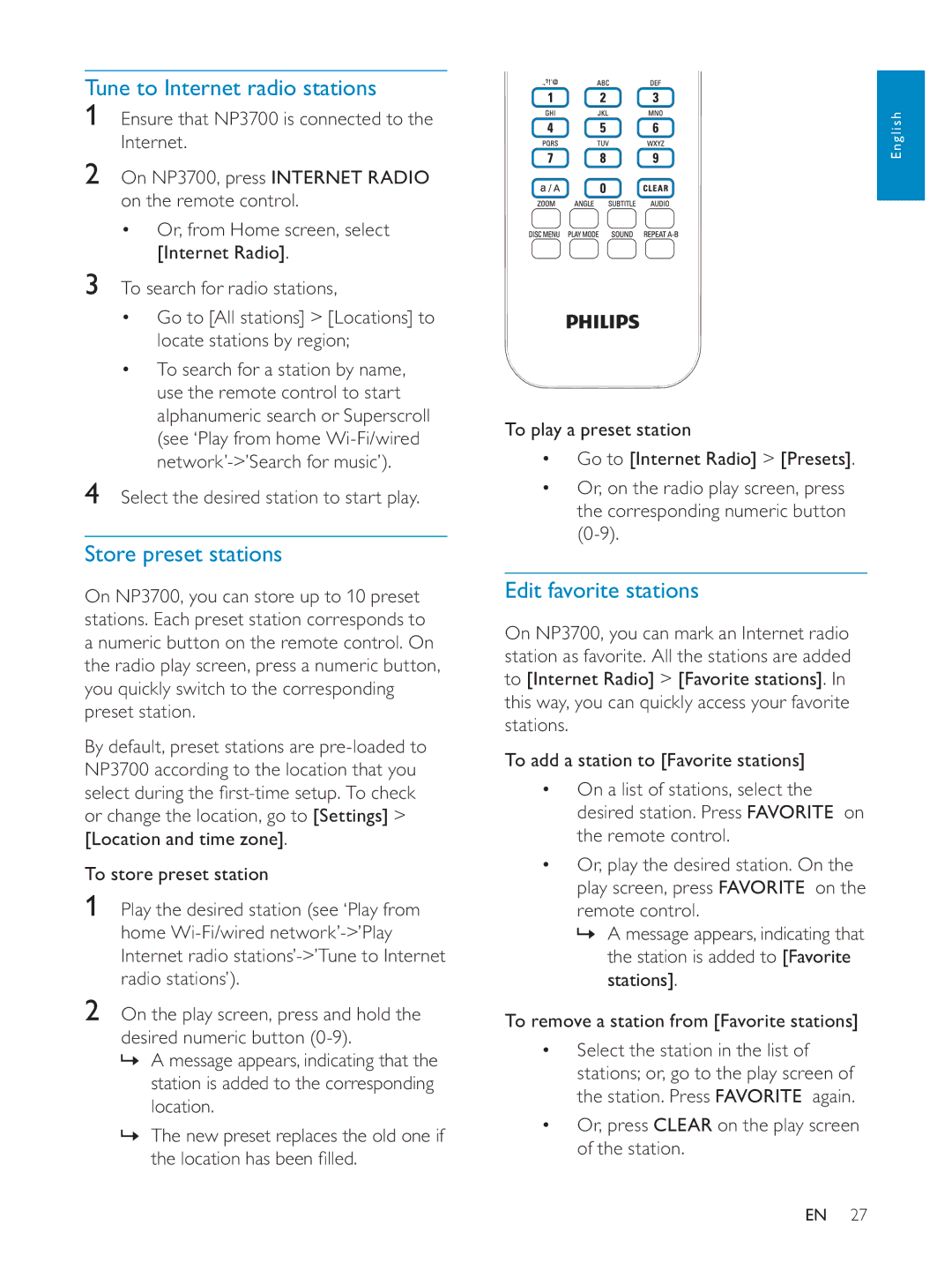 Philips NP3700/12 user manual Tune to Internet radio stations, Store preset stations, Edit favorite stations 