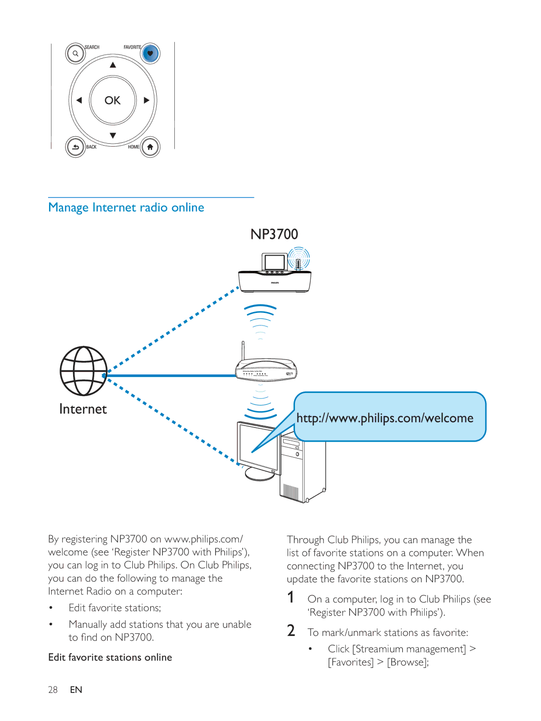 Philips NP3700/12 user manual NP3700 Internet, Manage Internet radio online 