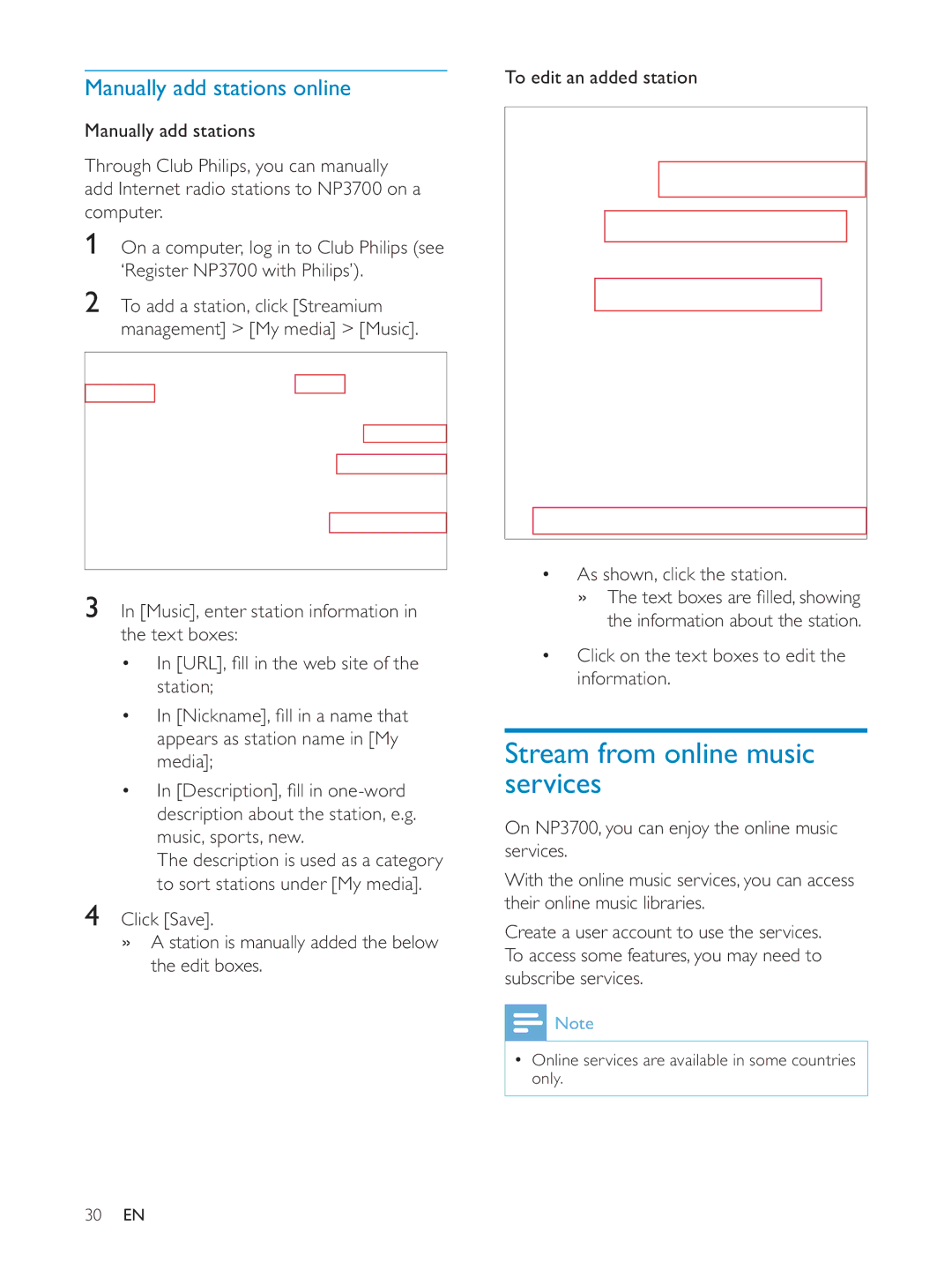 Philips NP3700/12 user manual Stream from online music services, Manually add stations online 