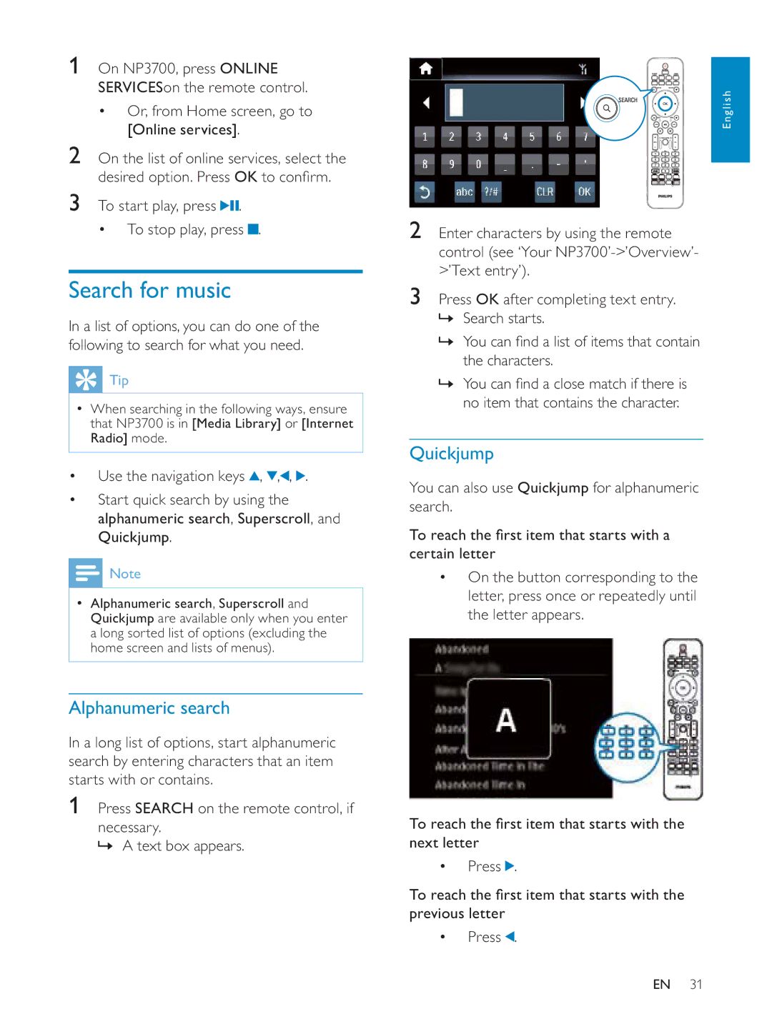 Philips NP3700/12 user manual Search for music, Alphanumeric search, Quickjump 