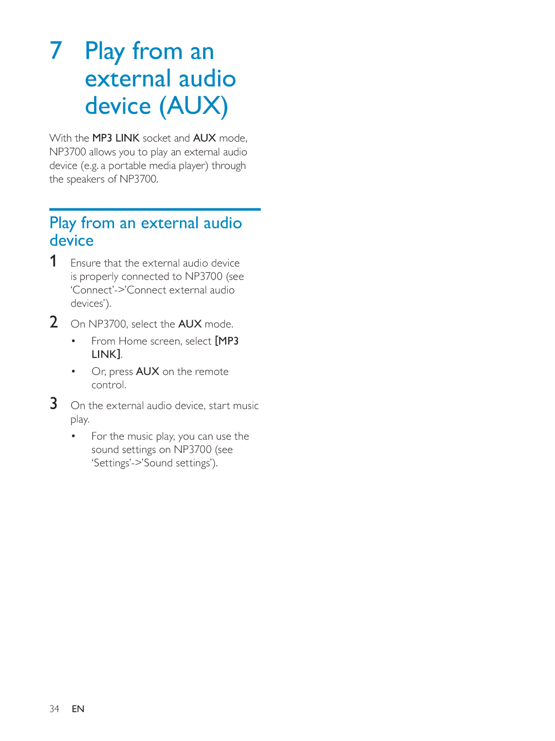 Philips NP3700/12 user manual Play from an external audio device AUX 