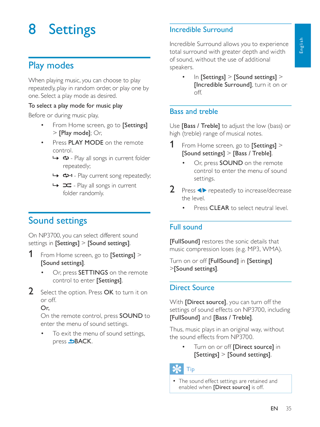 Philips NP3700/12 user manual Settings, Play modes, Sound settings 