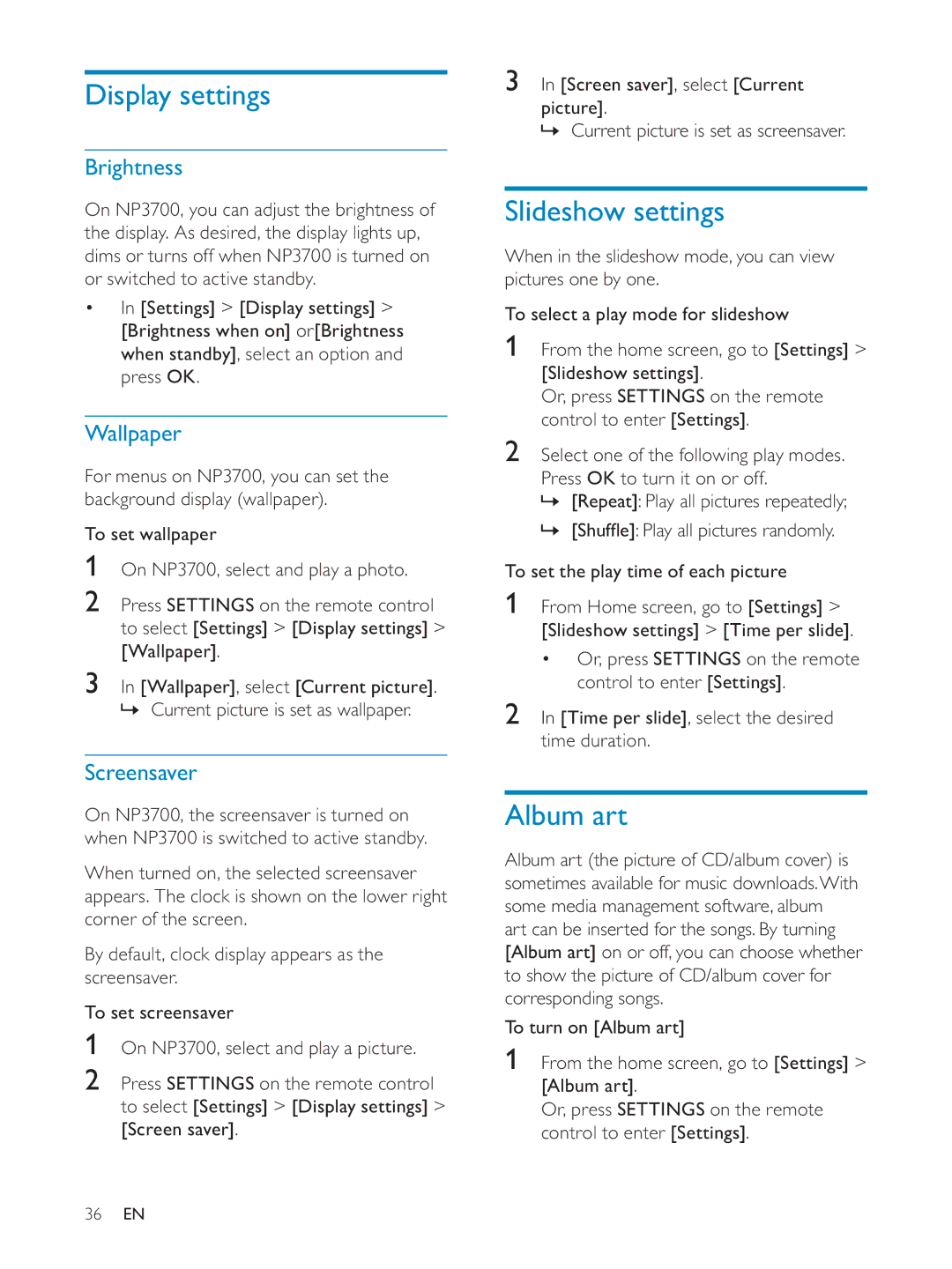 Philips NP3700/12 user manual Display settings, Slideshow settings, Album art 