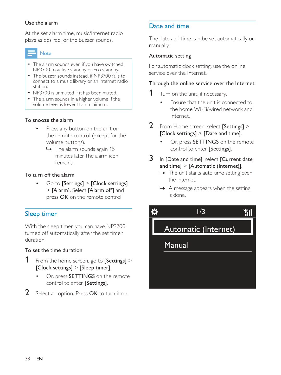 Philips NP3700/12 user manual Sleep timer, Date and time, Use the alarm 