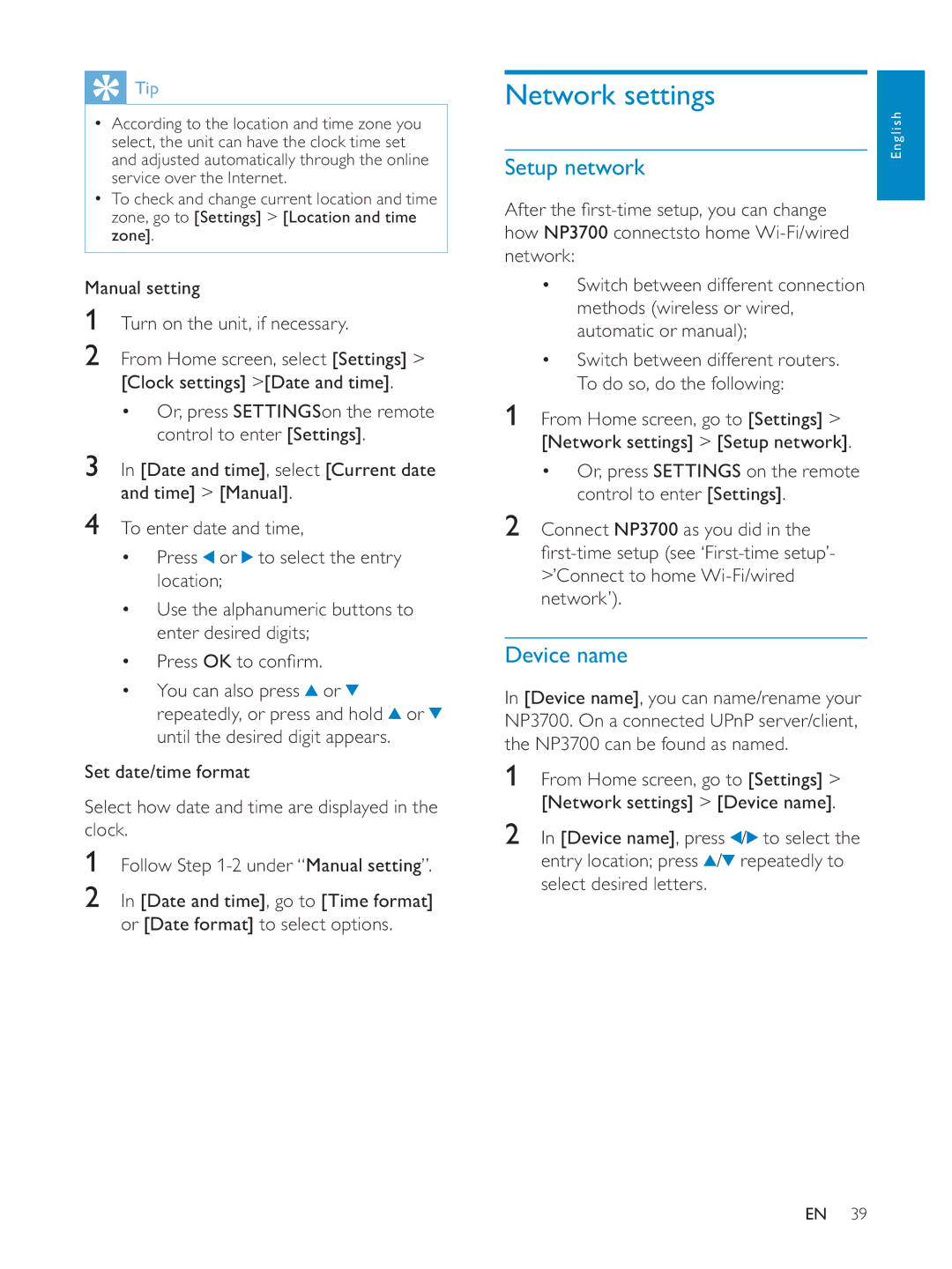 Philips NP3700/12 user manual Network settings, Setup network, Device name, Manual setting Turn on the unit, if necessary 