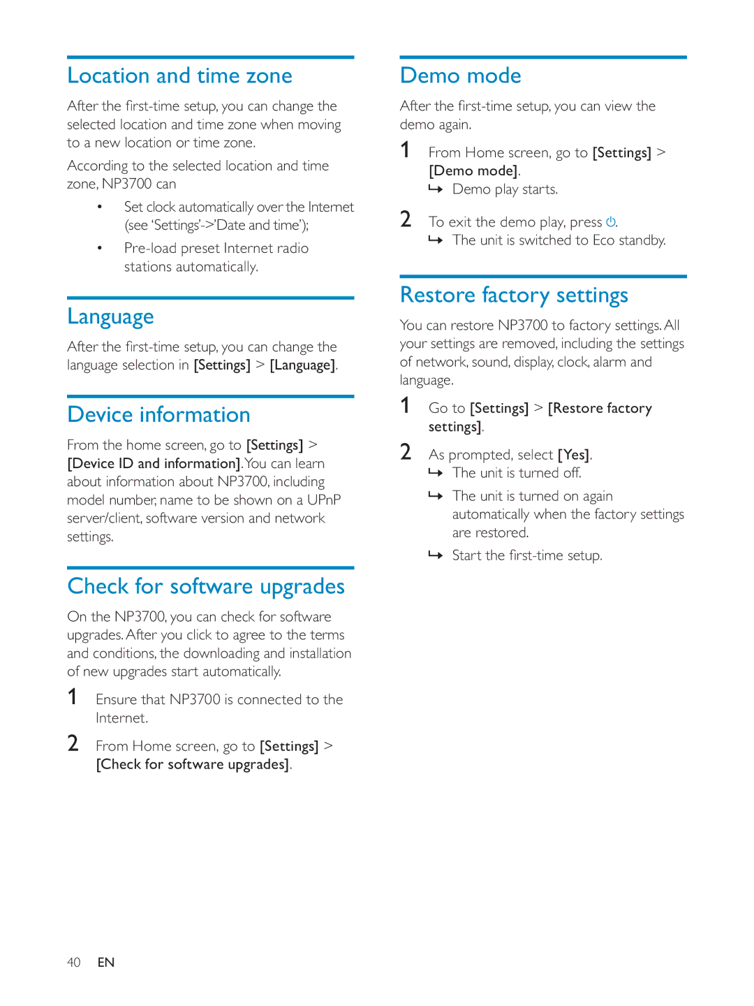 Philips NP3700/12 user manual Location and time zone, Language, Device information, Check for software upgrades, Demo mode 