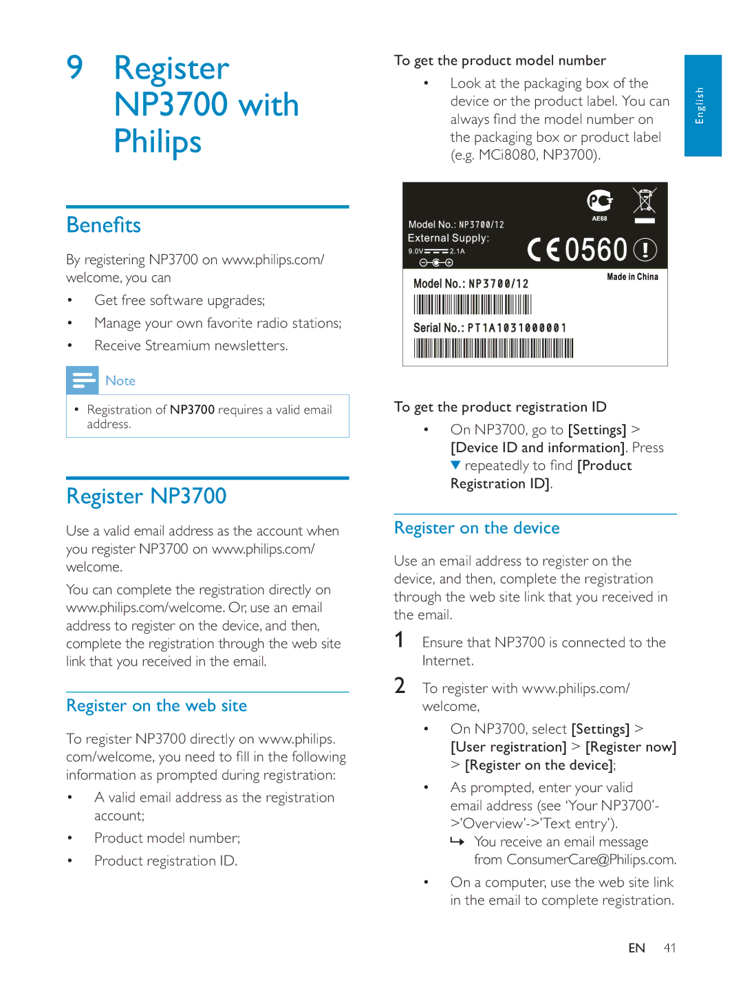 Philips NP3700/12 user manual Register NP3700 with Philips, Register on the web site, Register on the device 