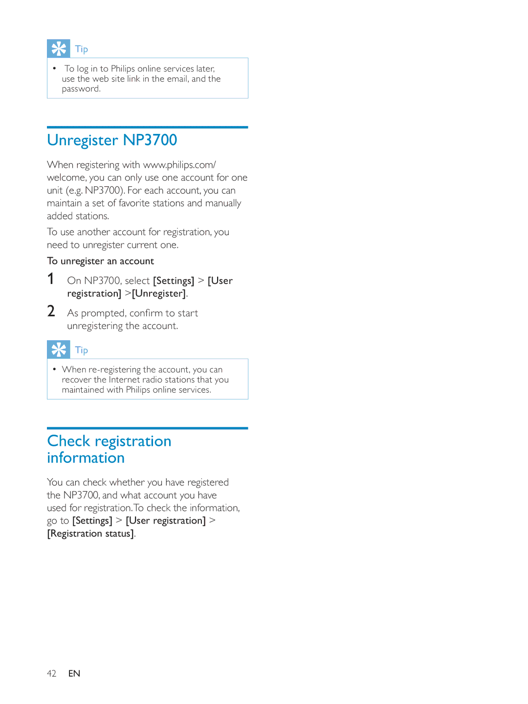 Philips NP3700/12 user manual Unregister NP3700, Check registration information 