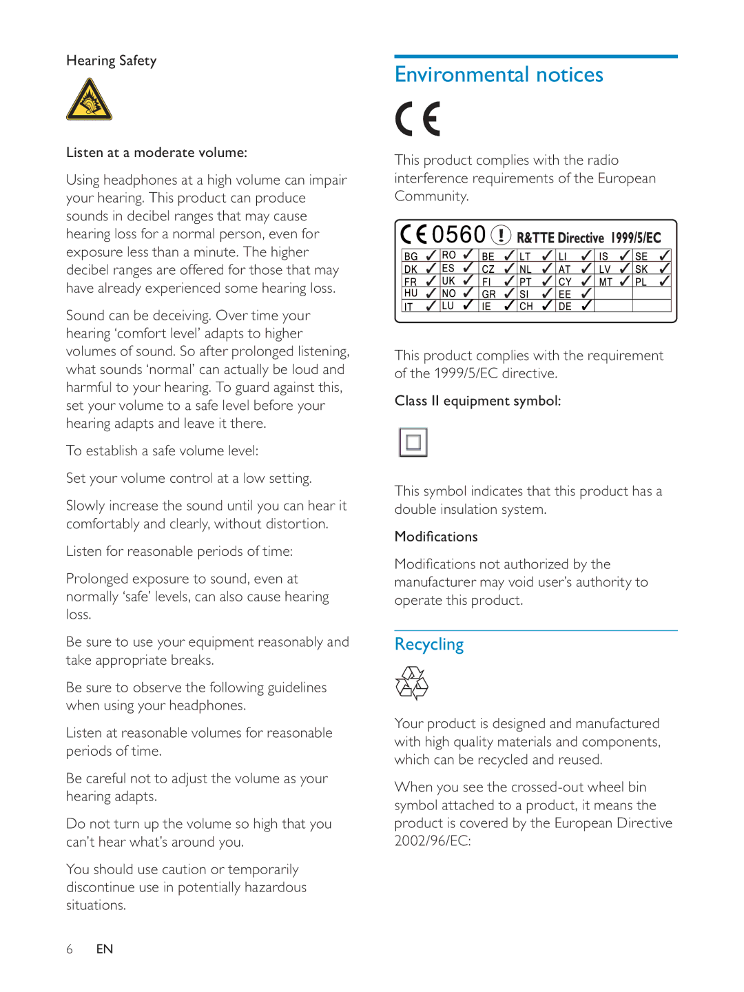 Philips NP3700/12 user manual Environmental notices, Recycling, Hearing Safety Listen at a moderate volume 