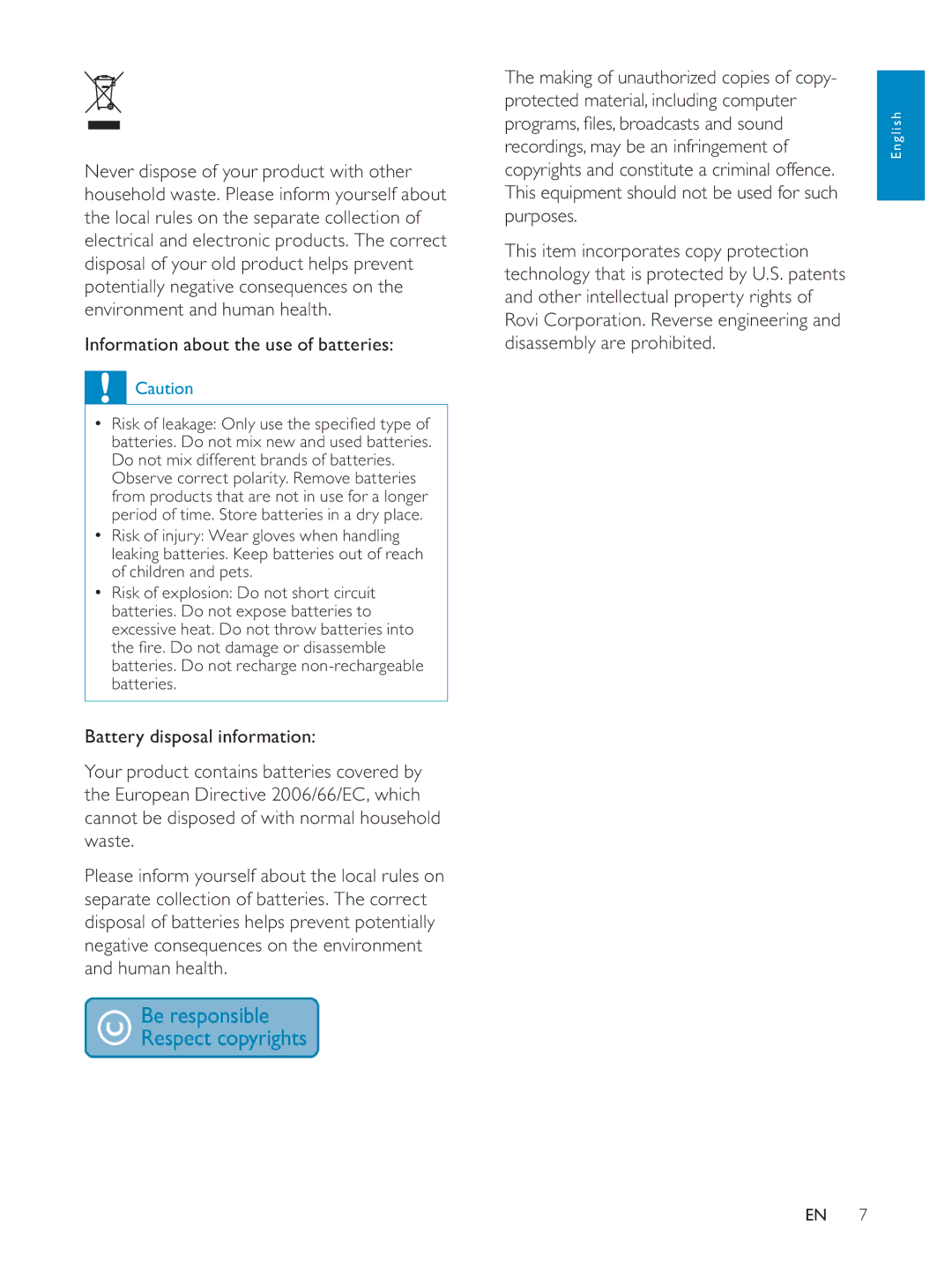 Philips NP3700/12 user manual Information about the use of batteries 