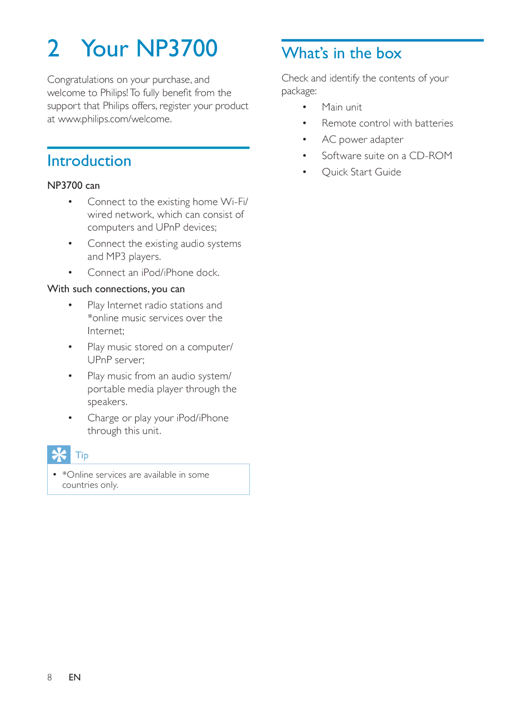 Philips NP3700/12 user manual Your NP3700, Introduction, What’s in the box, Congratulations on your purchase, NP3700 can 