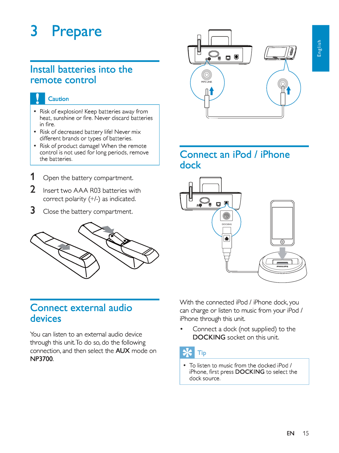 Philips NP3700/12 user manual Prepare, Install batteries into the remote control, Connect external audio devices 
