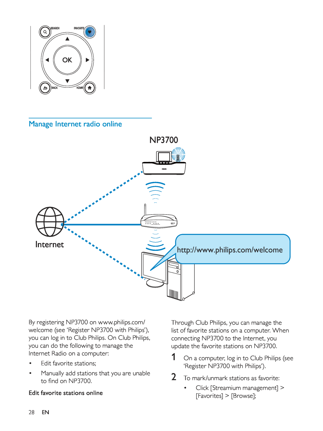 Philips NP3700/12 user manual NP3700 Internet, Manage Internet radio online 