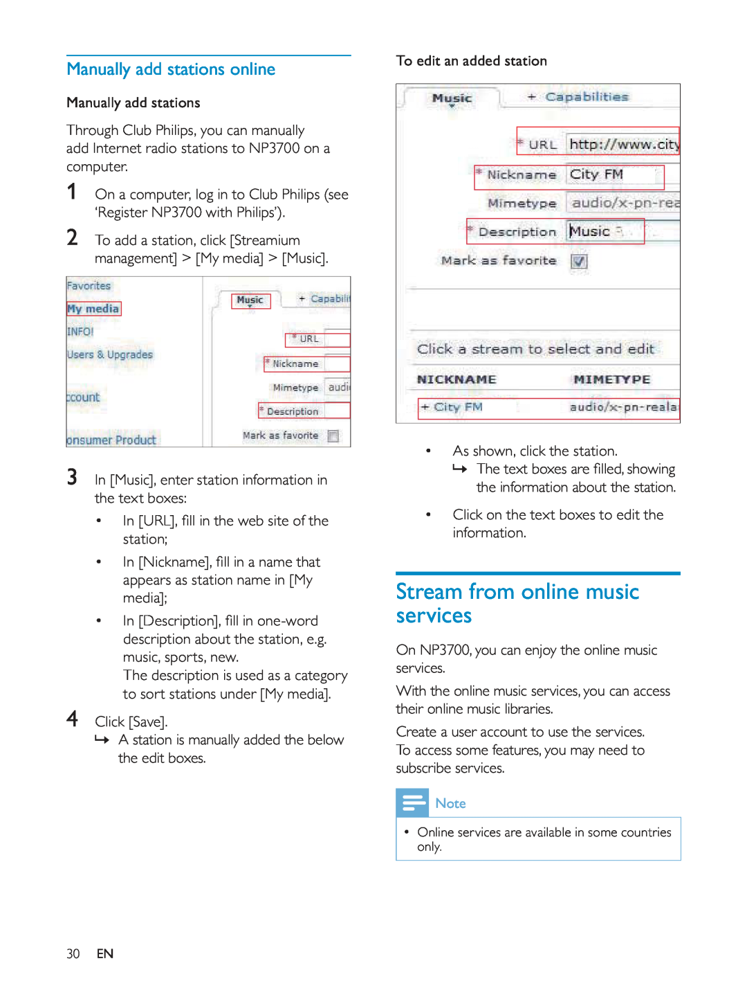Philips NP3700/12 user manual Stream from online music services, Manually add stations online 