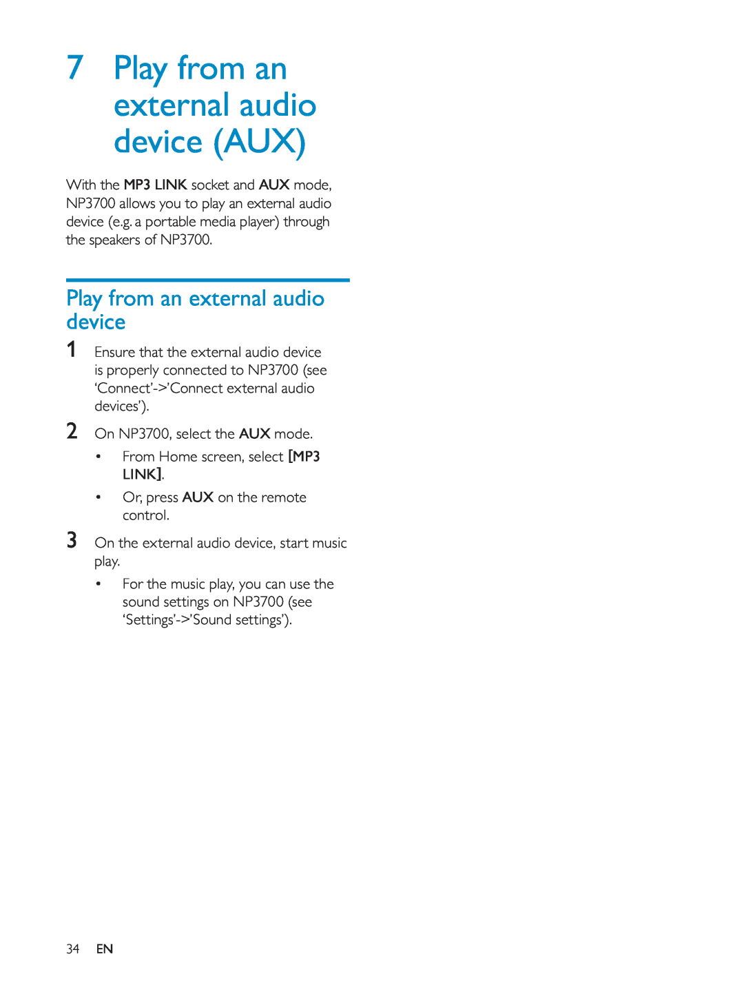Philips NP3700/12 user manual 7Play from an external audio device AUX 