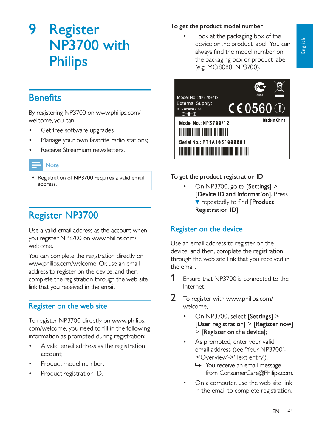 Philips NP3700/12 user manual 9Register NP3700 with Philips, Register on the web site, Register on the device 