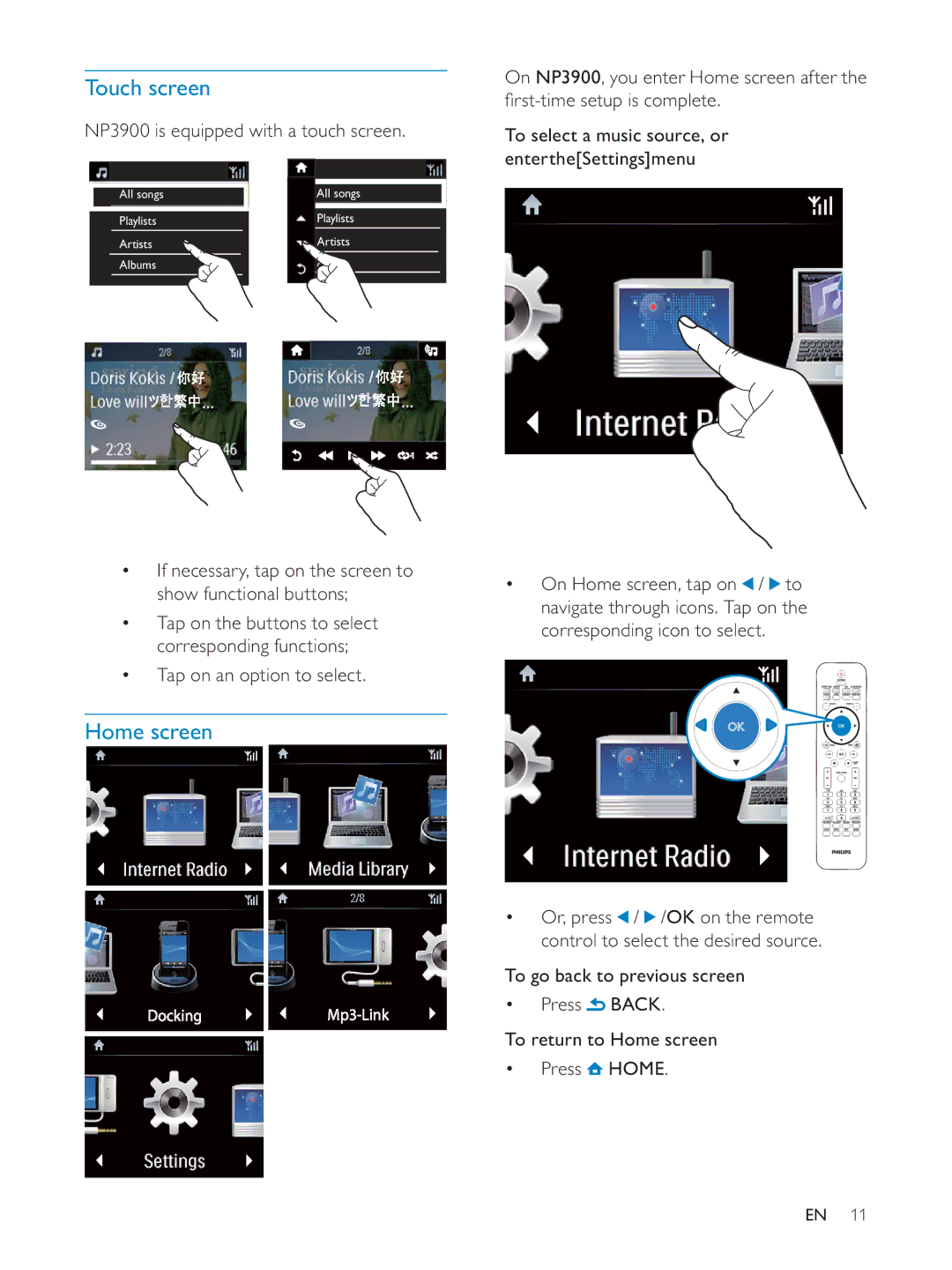 Philips NP3900/12 user manual Touch screen, Home screen, NP3900 is equipped with a touch screen 