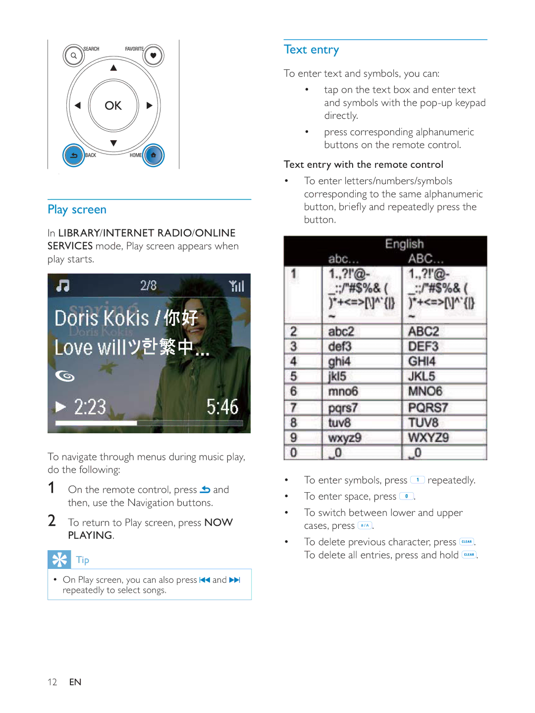 Philips NP3900/12 user manual Play screen, Text entry 