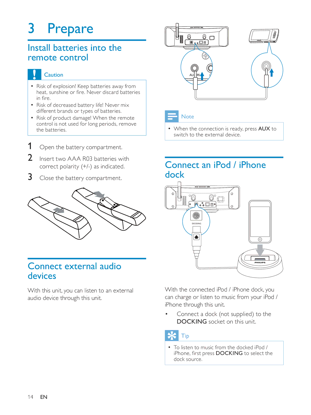 Philips NP3900/12 user manual Prepare, Install batteries into the remote control, Connect an iPod / iPhone dock 