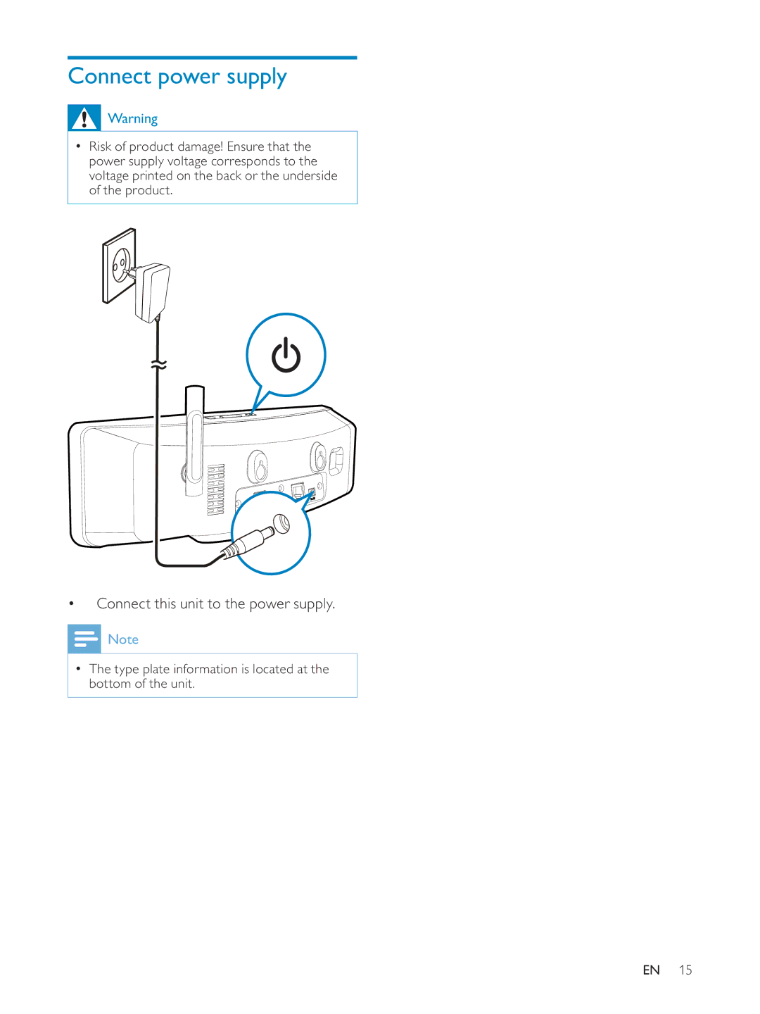 Philips NP3900/12 user manual Connect power supply, Connect this unit to the power supply 