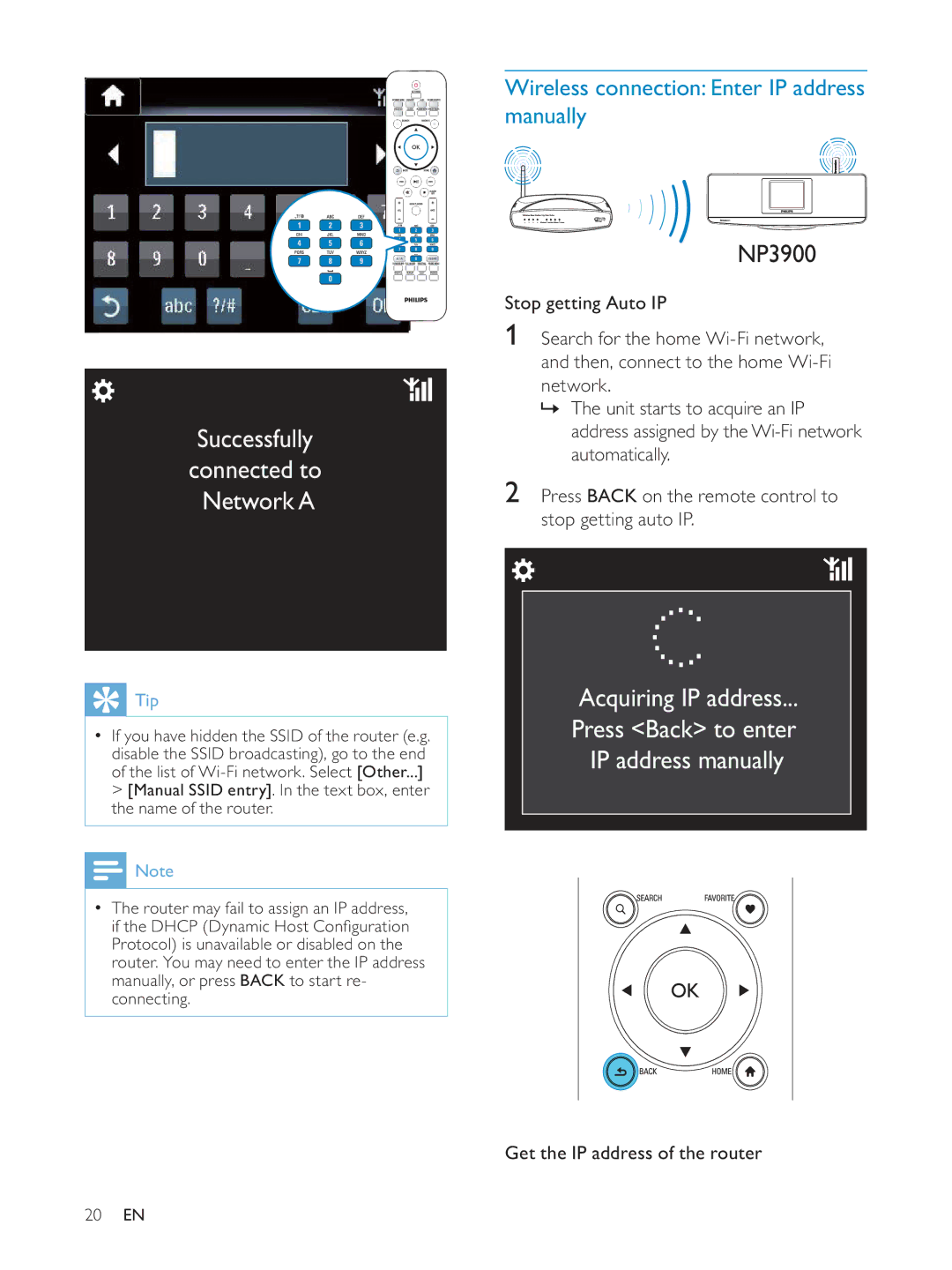 Philips NP3900/12 user manual Wireless connection Enter IP address manually, Get the IP address of the router 