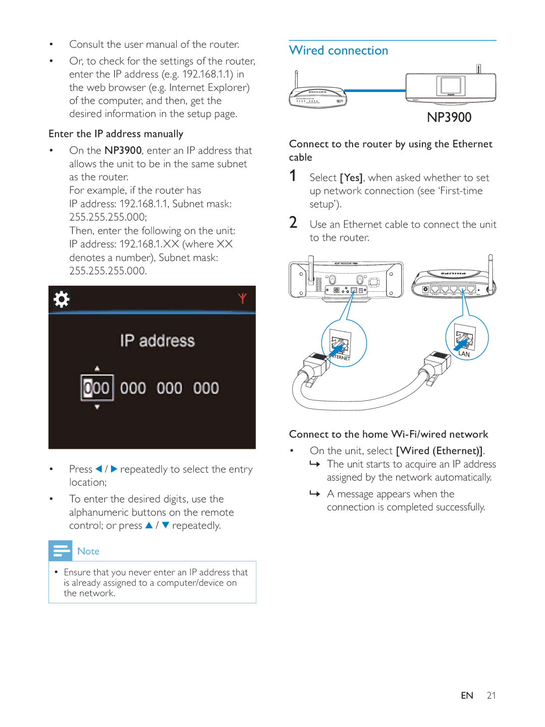 Philips NP3900/12 user manual Wired connection 