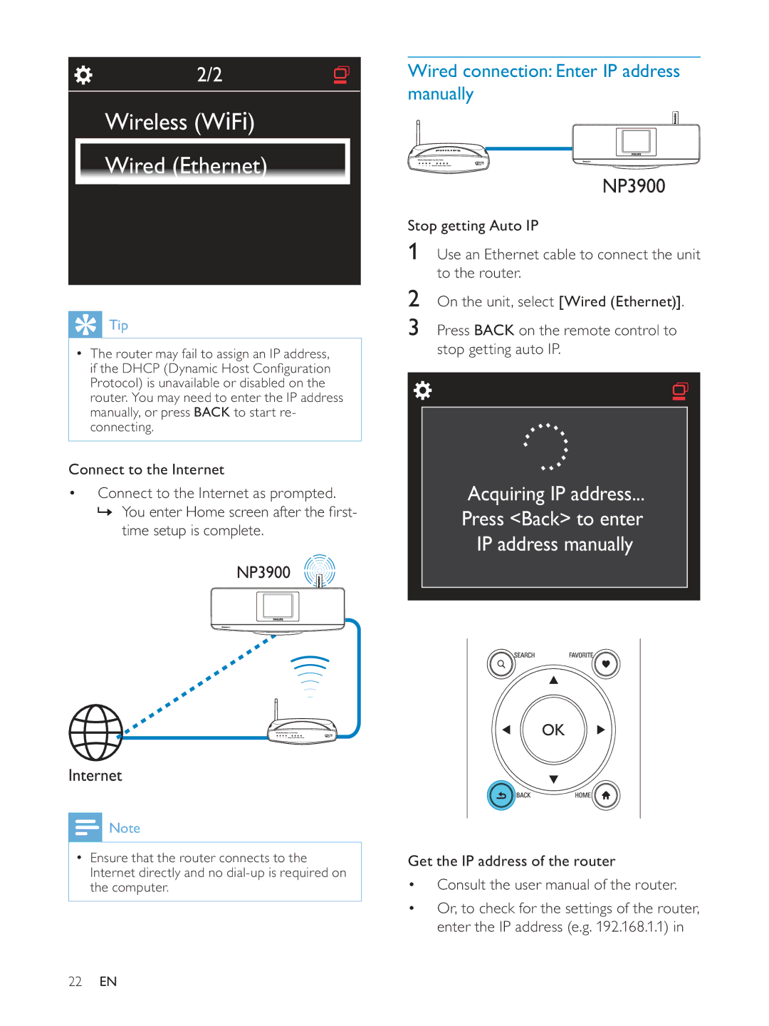 Philips NP3900/12 user manual Wireless WiFi Wired Ethernet, Wired connection Enter IP address manually 