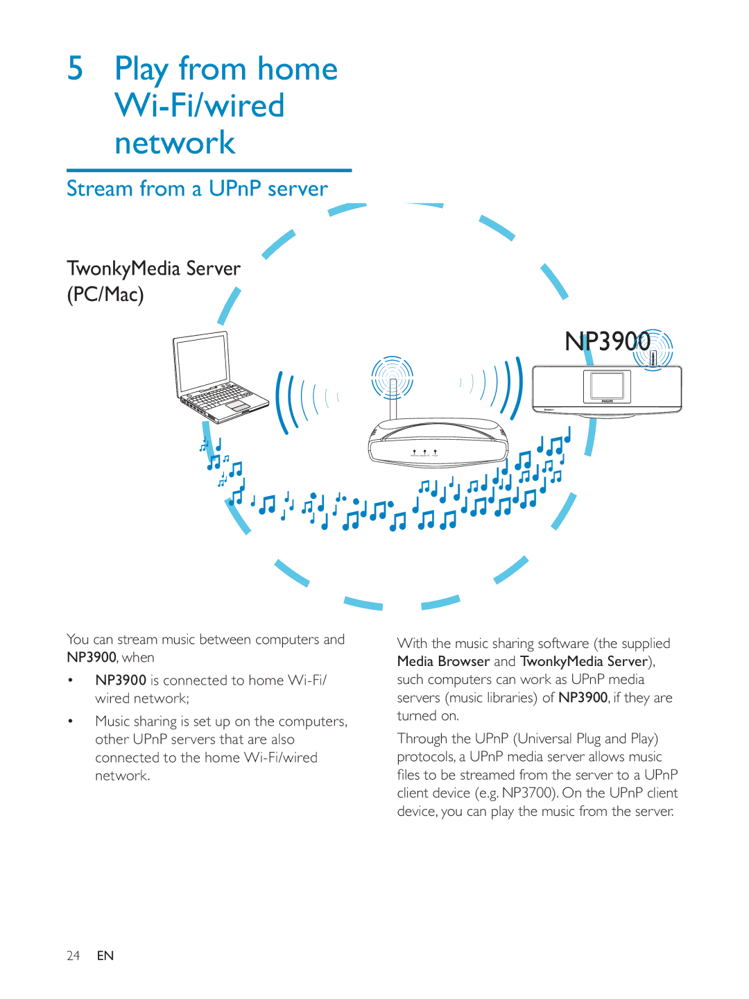 Philips NP3900/12 user manual Play from home Wi-Fi/wired network, Stream from a UPnP server 