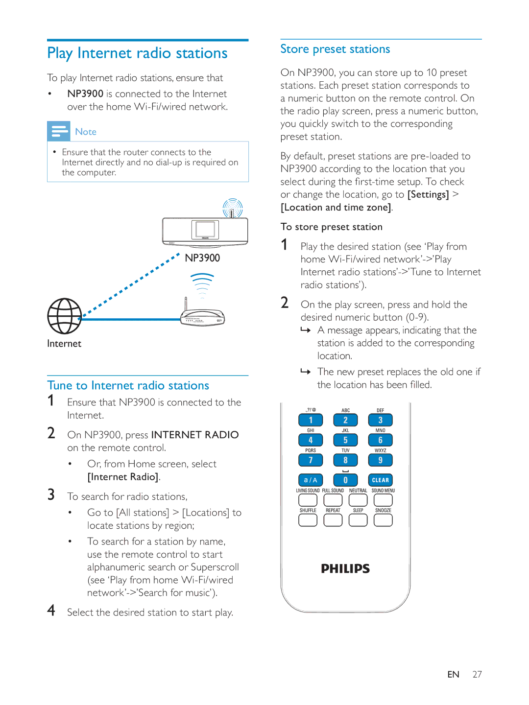 Philips NP3900/12 user manual Play Internet radio stations, Tune to Internet radio stations, Store preset stations 