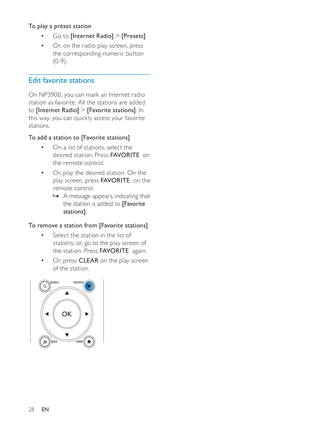 Philips NP3900/12 user manual Edit favorite stations, Or, press Clear on the play screen of the station 