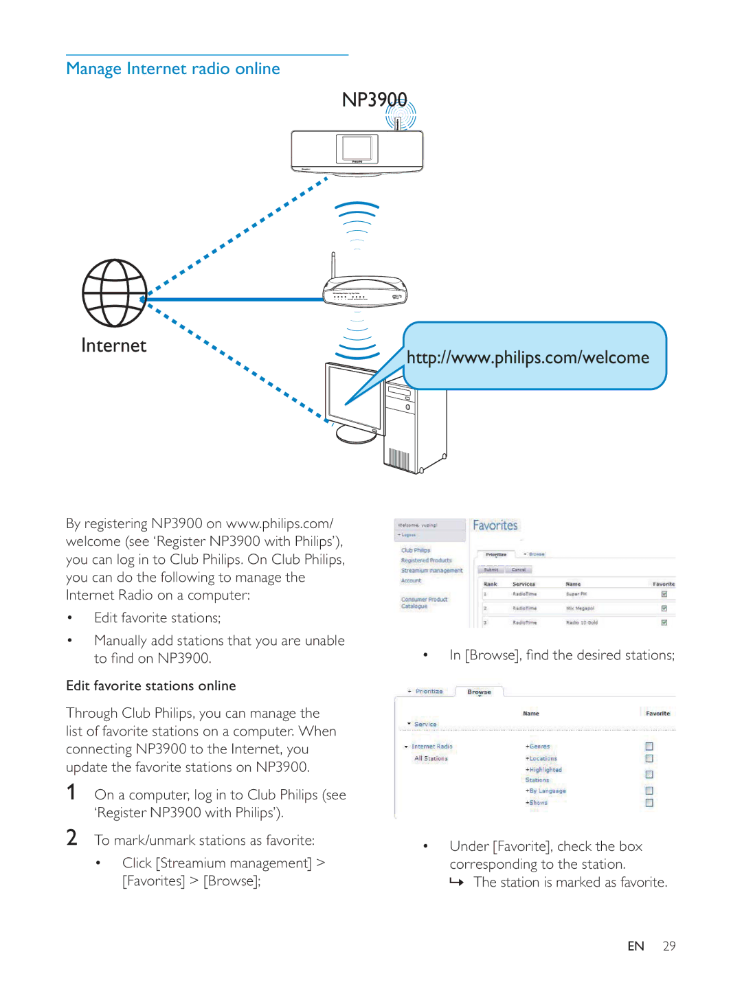 Philips NP3900/12 user manual Manage Internet radio online, » The station is marked as favorite 