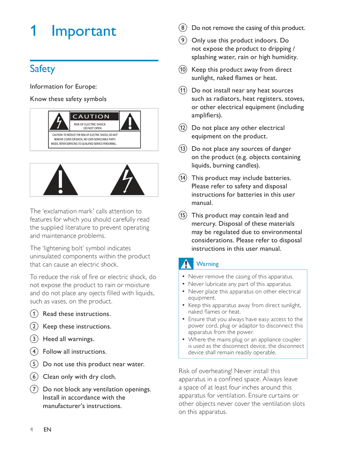 Philips NP3900/12 user manual Safety, Keep this product away from direct 