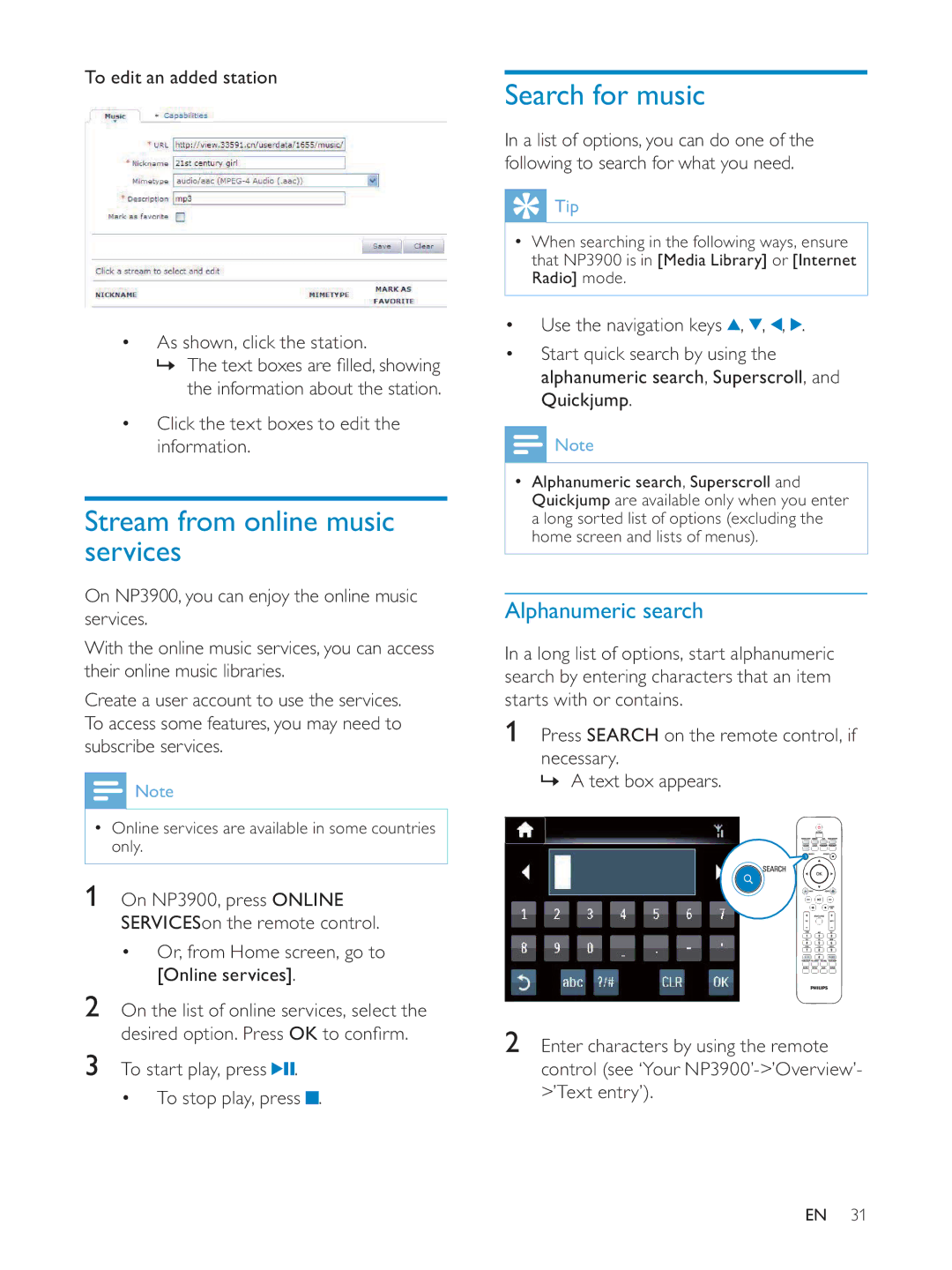 Philips NP3900/12 user manual Stream from online music services, Search for music, Alphanumeric search 