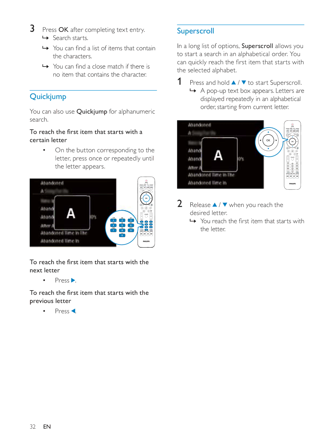 Philips NP3900/12 user manual Quickjump, Selected alphabet Press and hold / to start Superscroll 