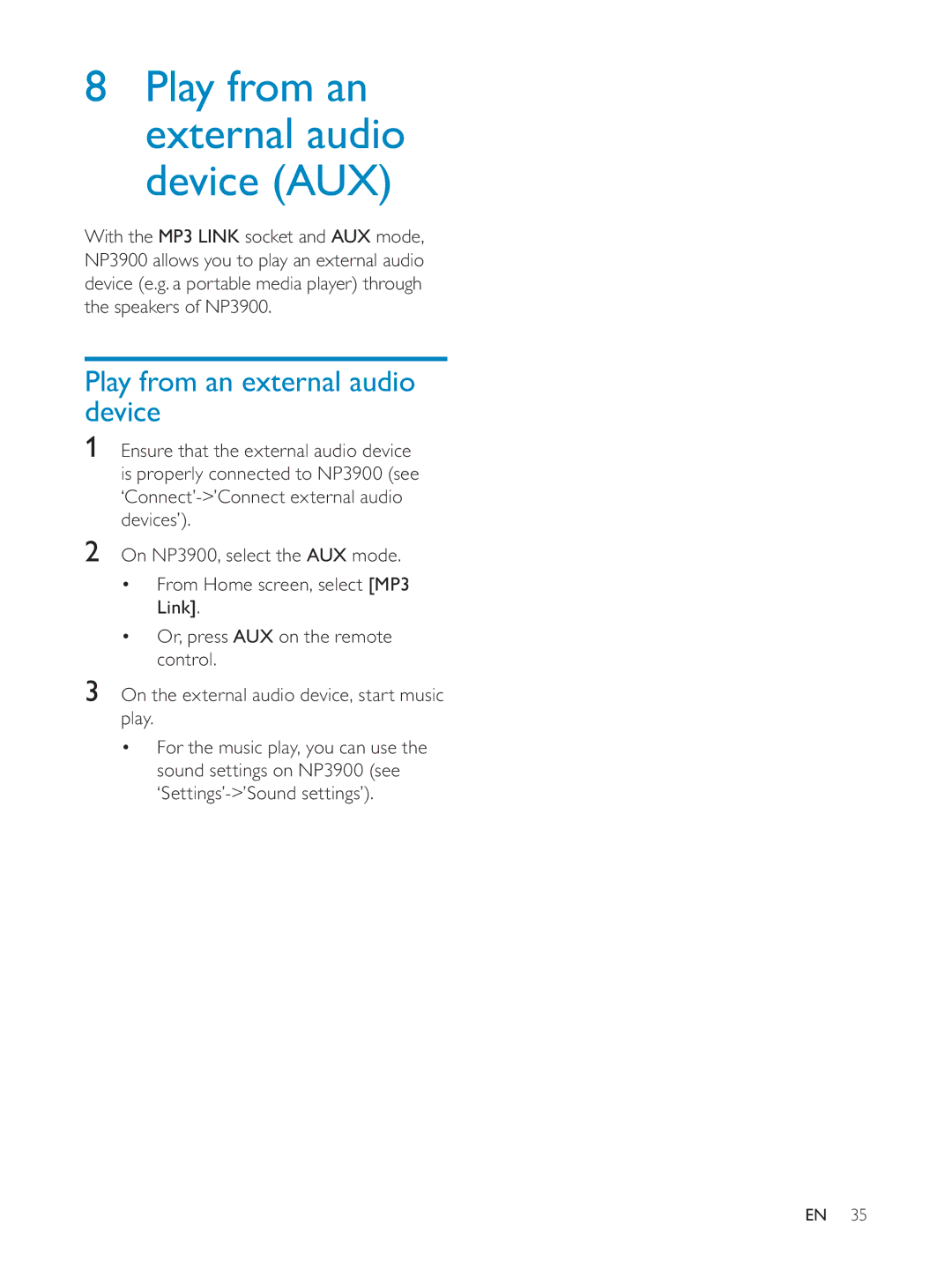 Philips NP3900/12 user manual Play from an external audio device AUX 