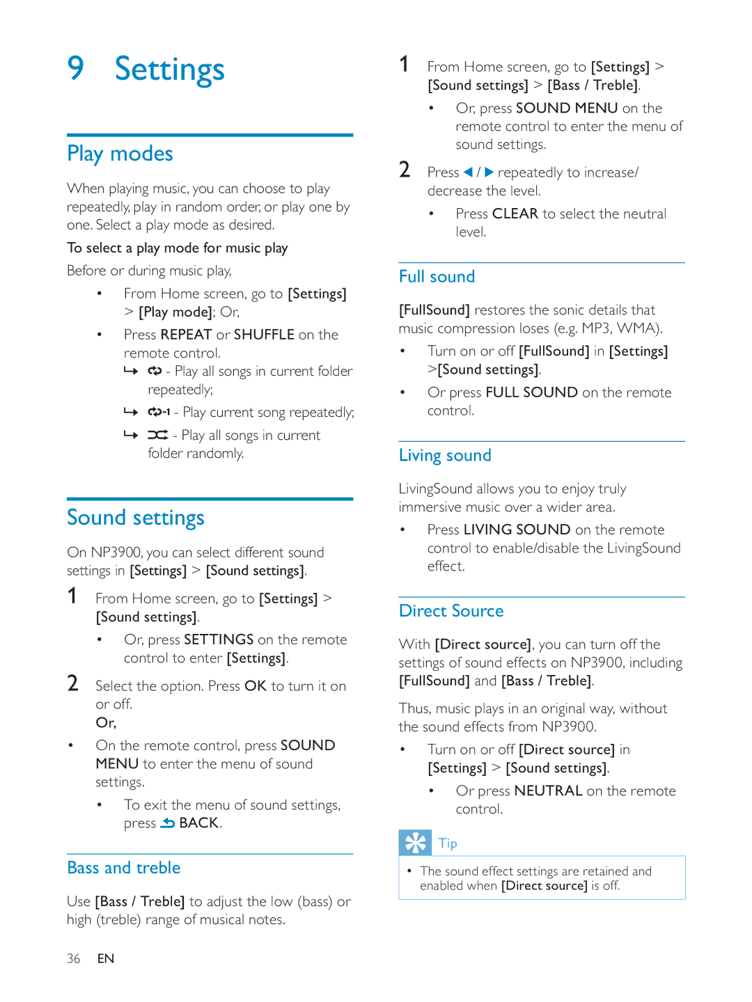 Philips NP3900/12 user manual Settings, Play modes, Sound settings 