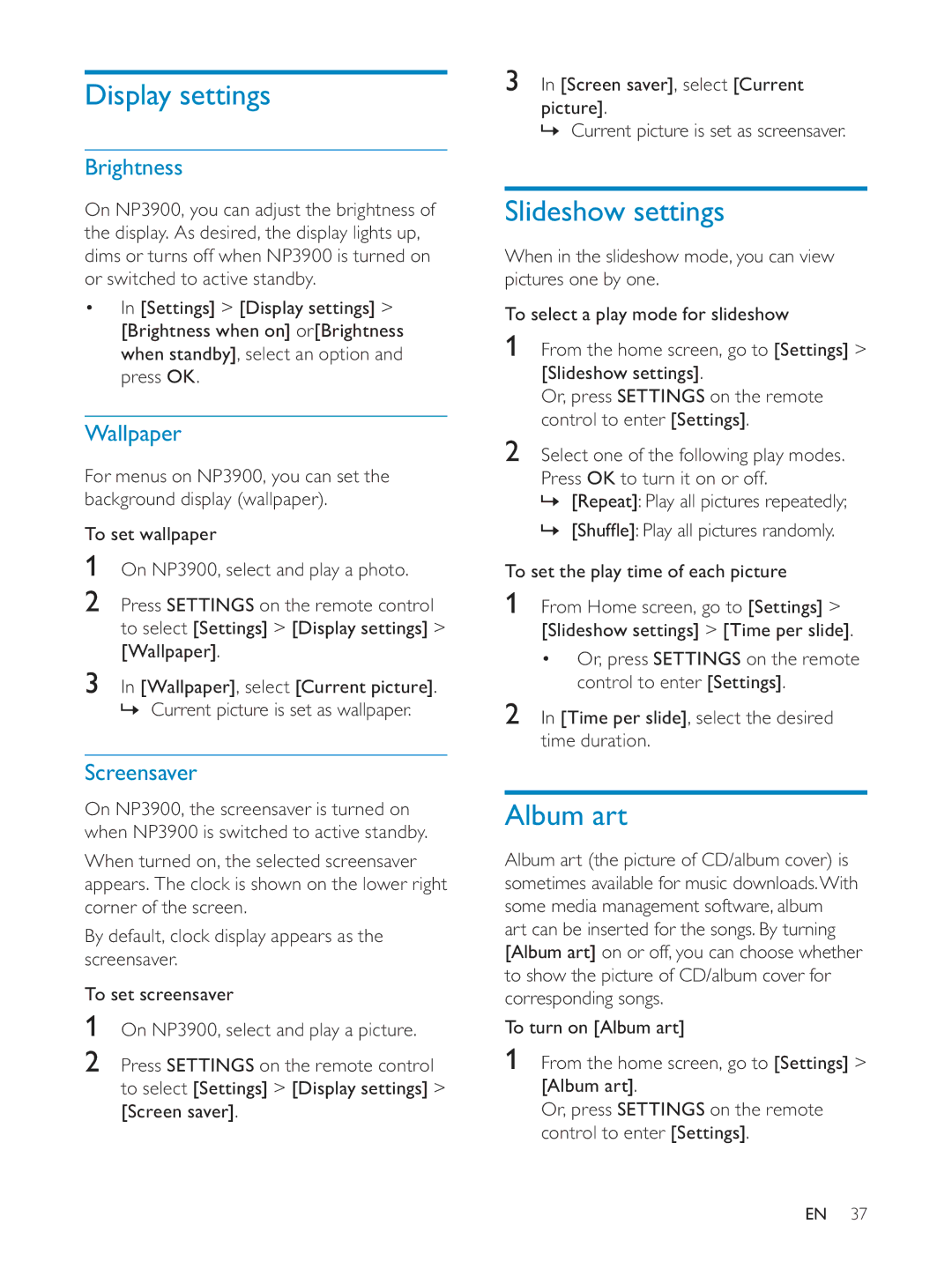 Philips NP3900/12 user manual Display settings, Slideshow settings, Album art 