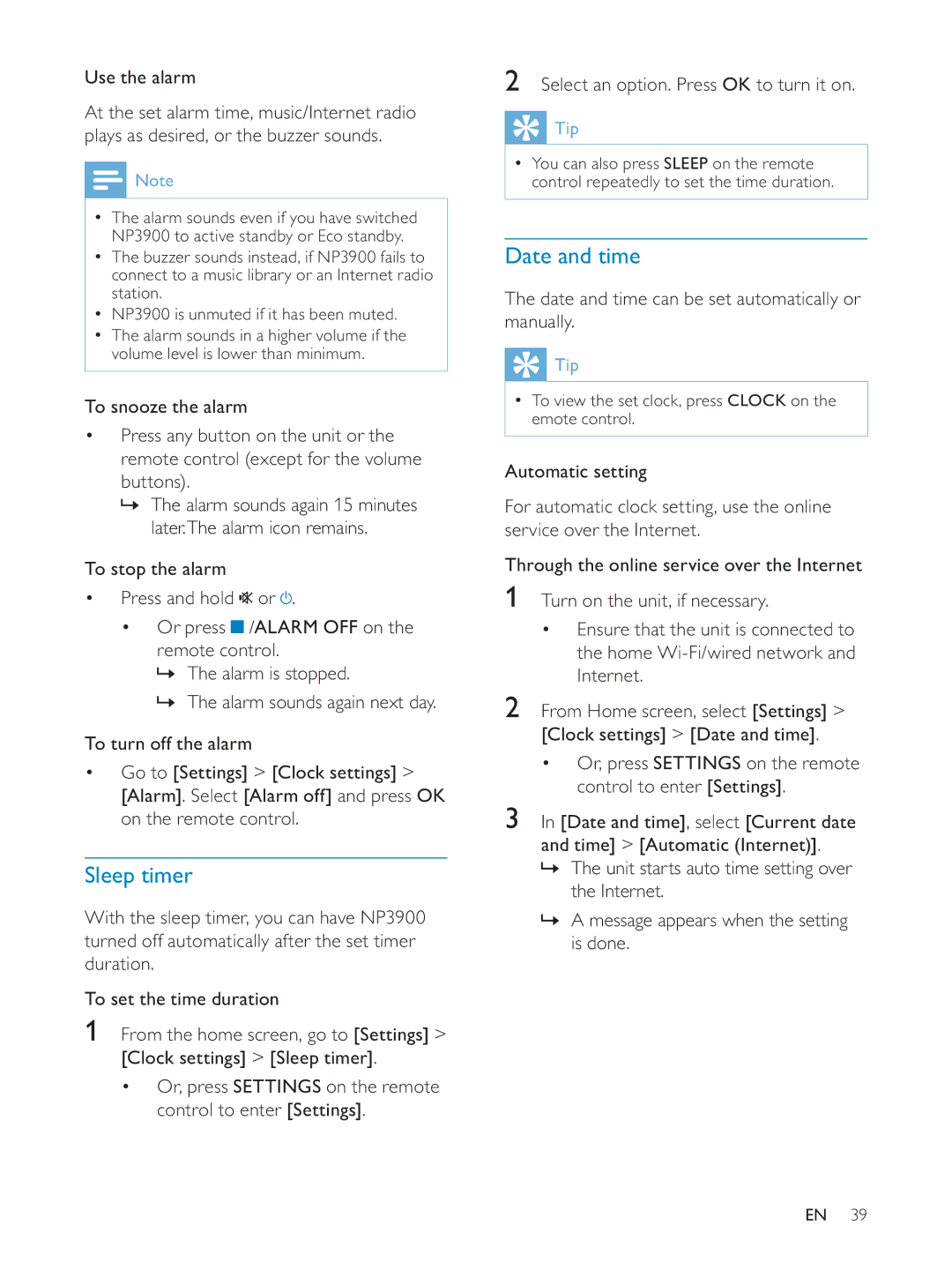 Philips NP3900/12 user manual Sleep timer, Date and time, Use the alarm, To stop the alarm Press and hold Or press 