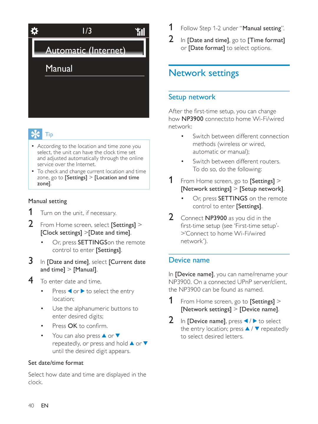 Philips NP3900/12 user manual Network settings, Setup network, Device name, Manual setting Turn on the unit, if necessary 