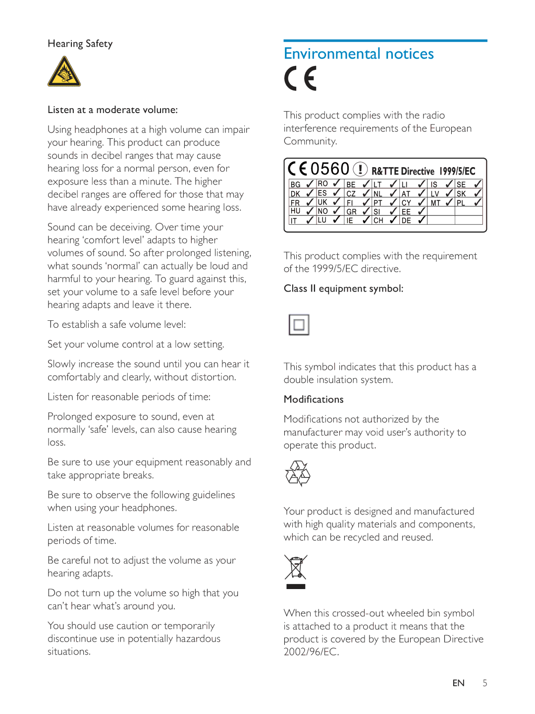 Philips NP3900/12 user manual Environmental notices, Hearing Safety Listen at a moderate volume 