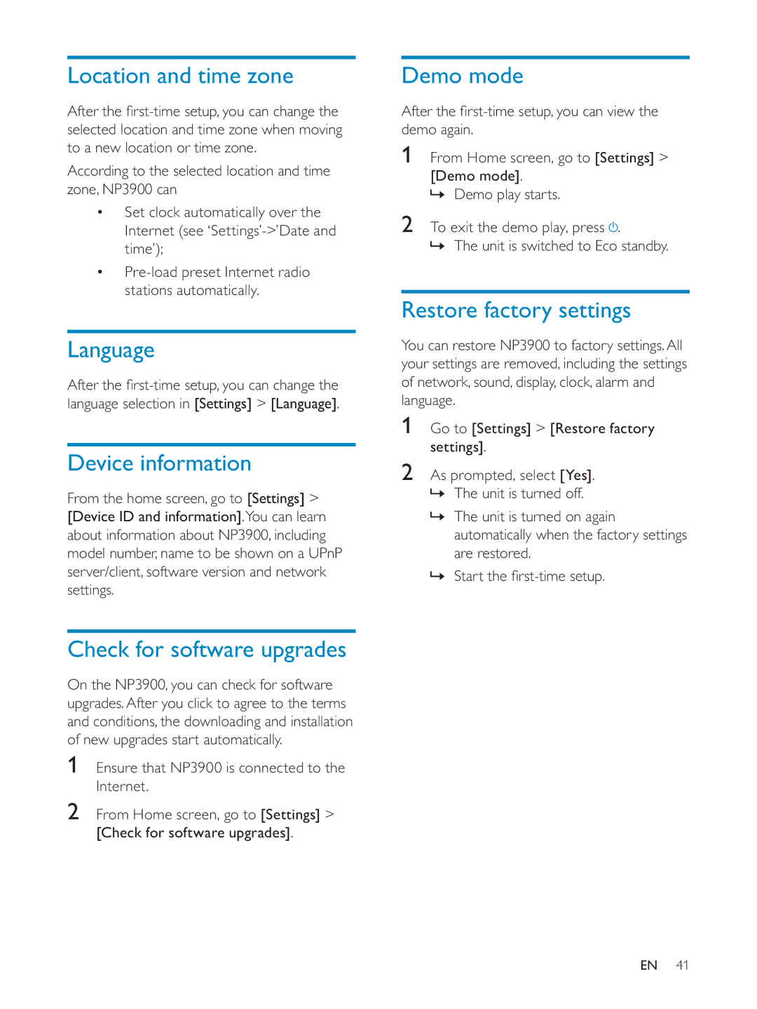 Philips NP3900/12 user manual Location and time zone, Language, Device information, Check for software upgrades, Demo mode 