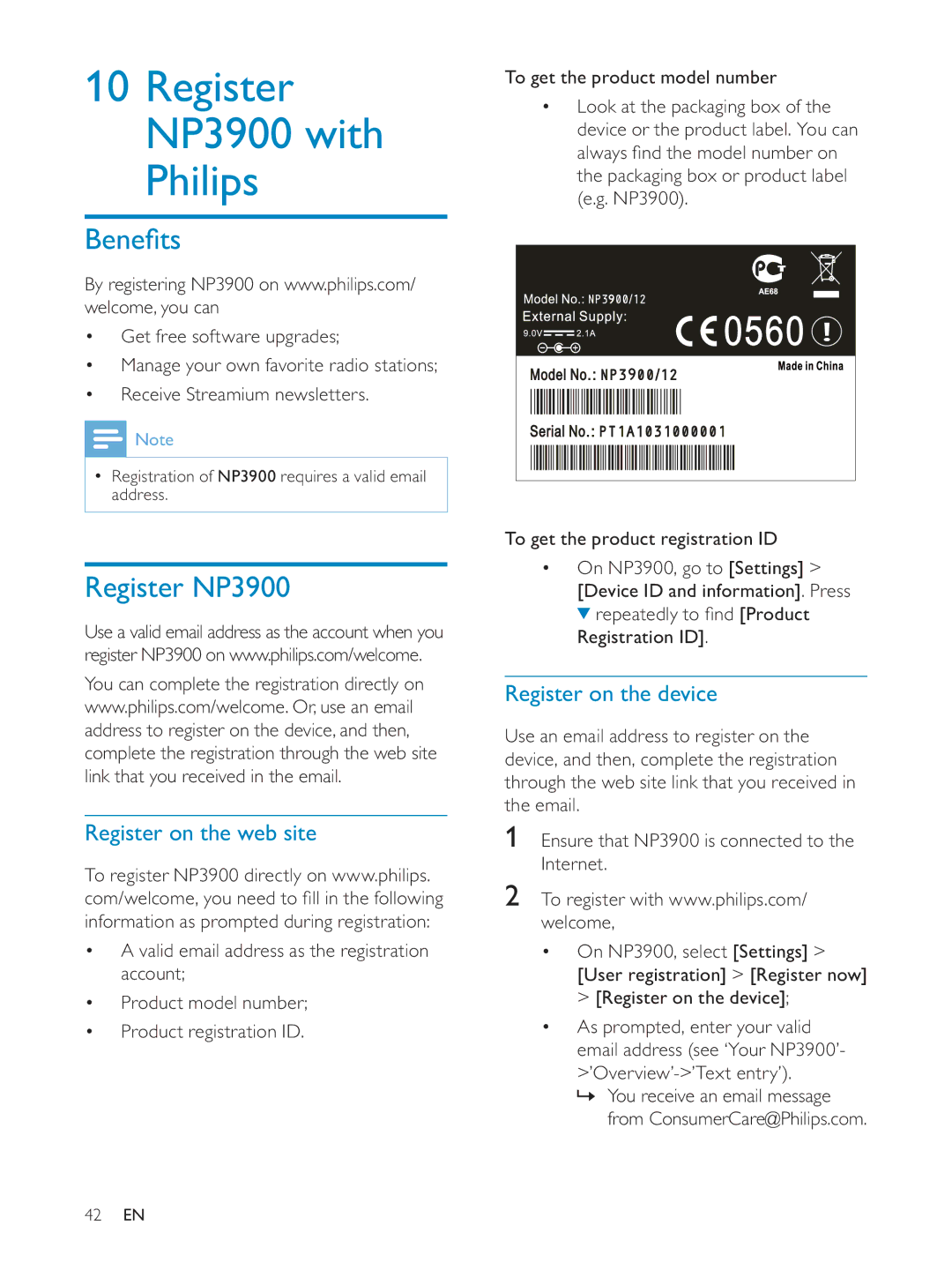 Philips NP3900/12 user manual Register NP3900 with Philips, Register on the web site, Register on the device 