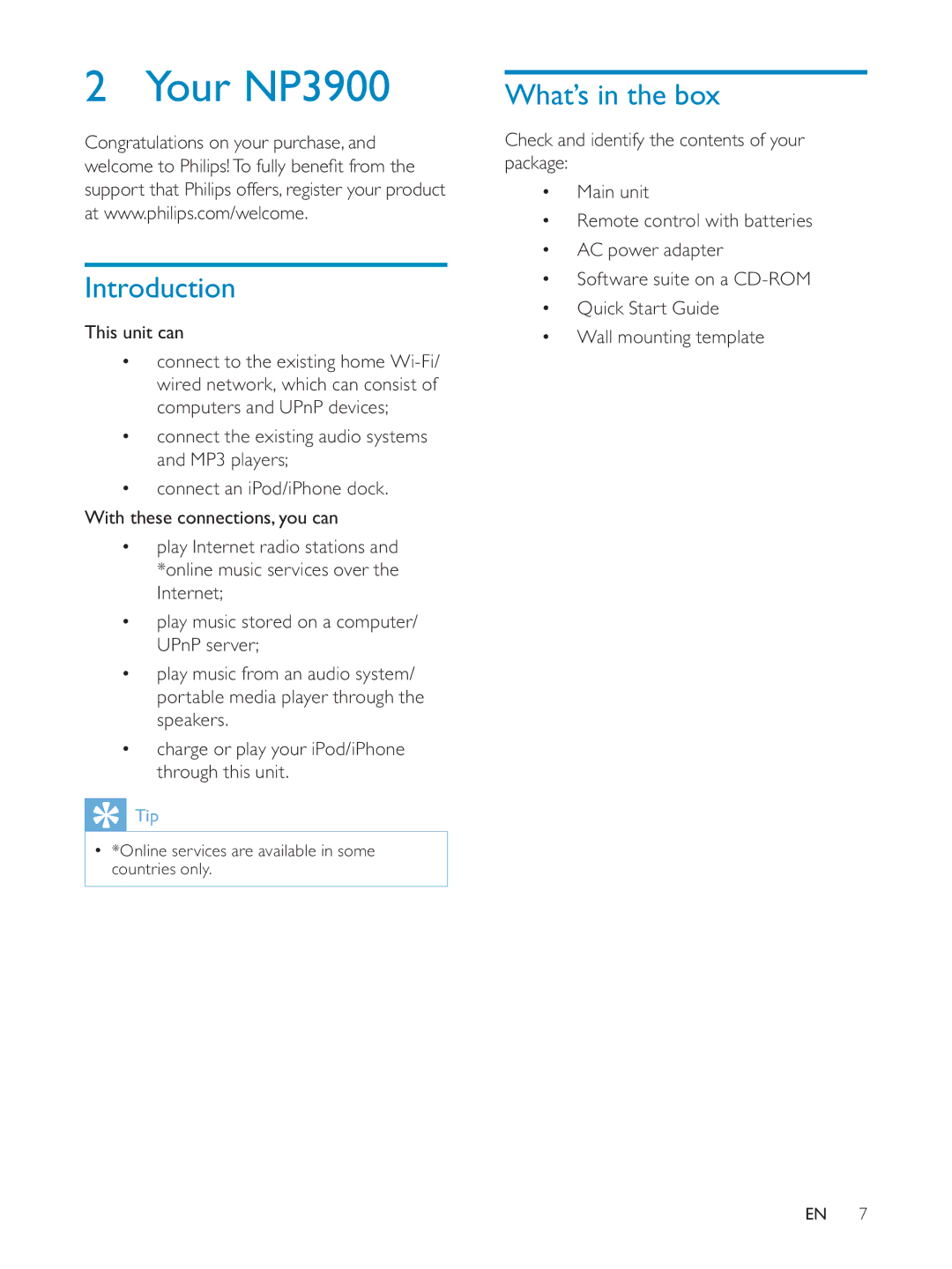 Philips NP3900/12 user manual Your NP3900, Introduction, What’s in the box, Congratulations on your purchase, This unit can 