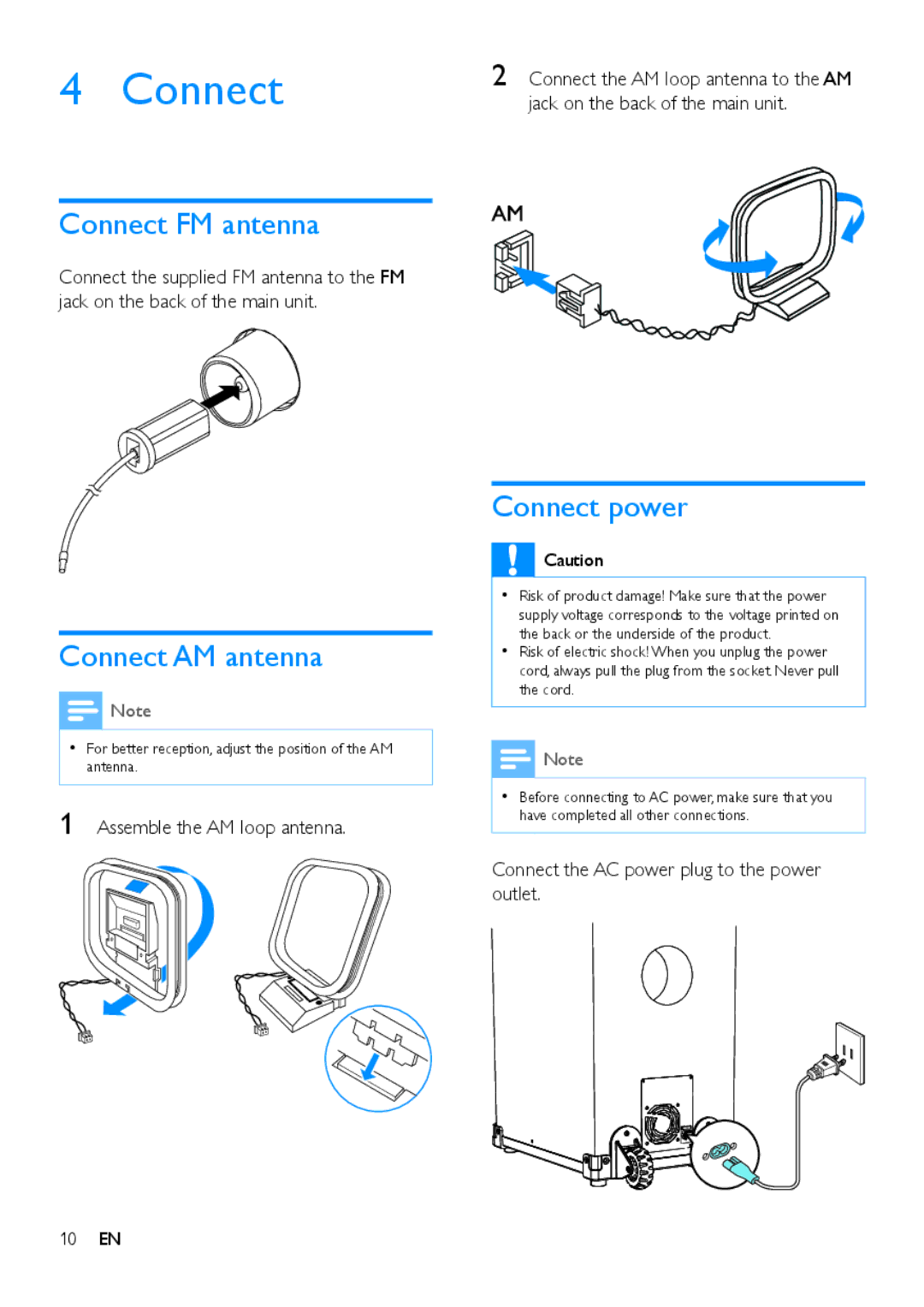 Philips NTRX500 user manual Connect FM antenna, Connect AM antenna, Connect power 