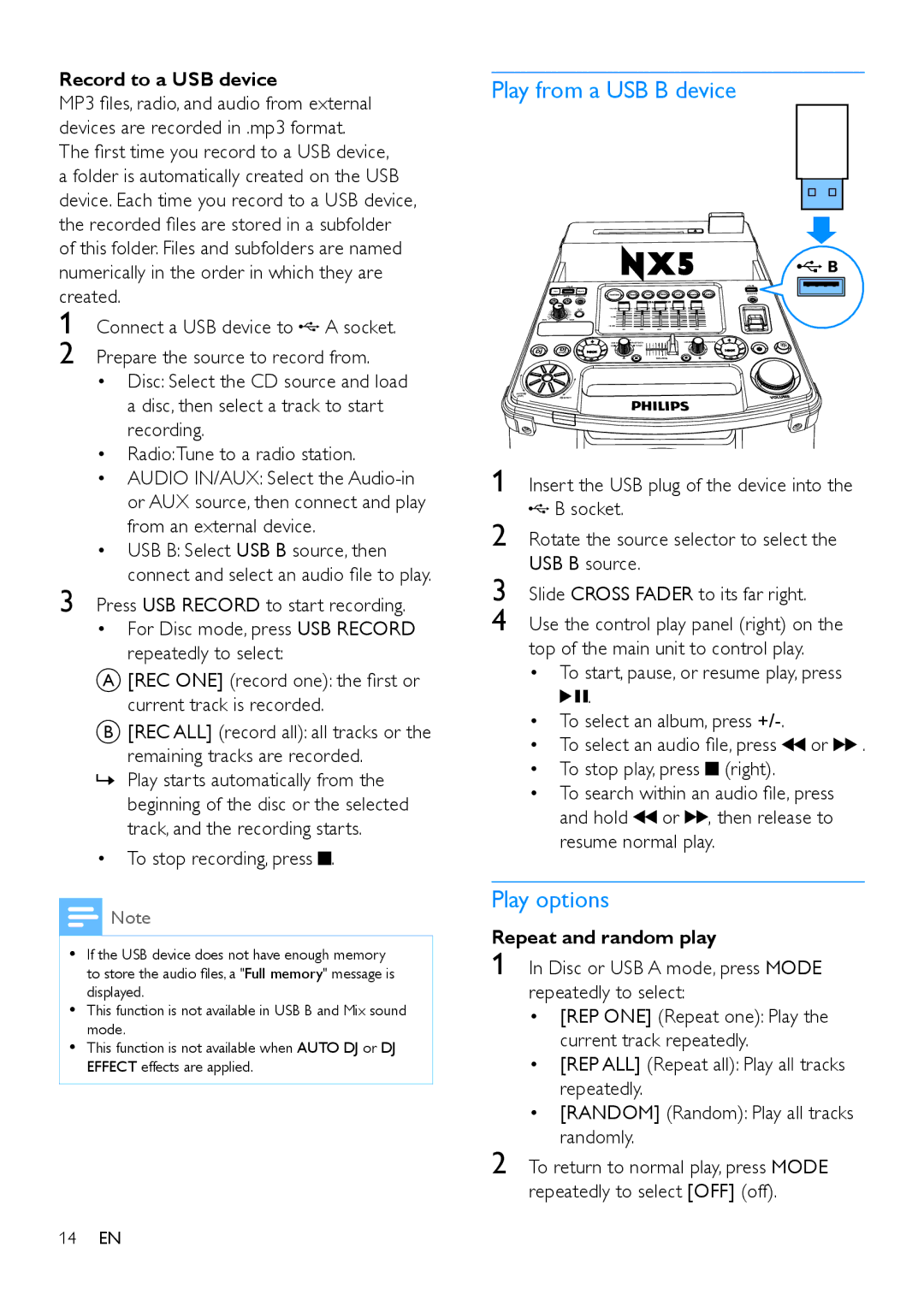 Philips NTRX500 user manual Play from a USB B device, Play options, To stop recording, press 